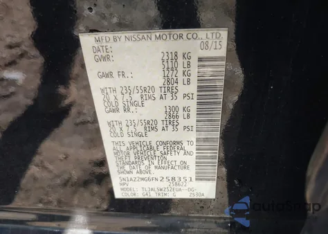 2015 Nissan Murano Platinum из США, поврежденный, VIN 5N1AZ2MG6FN258351